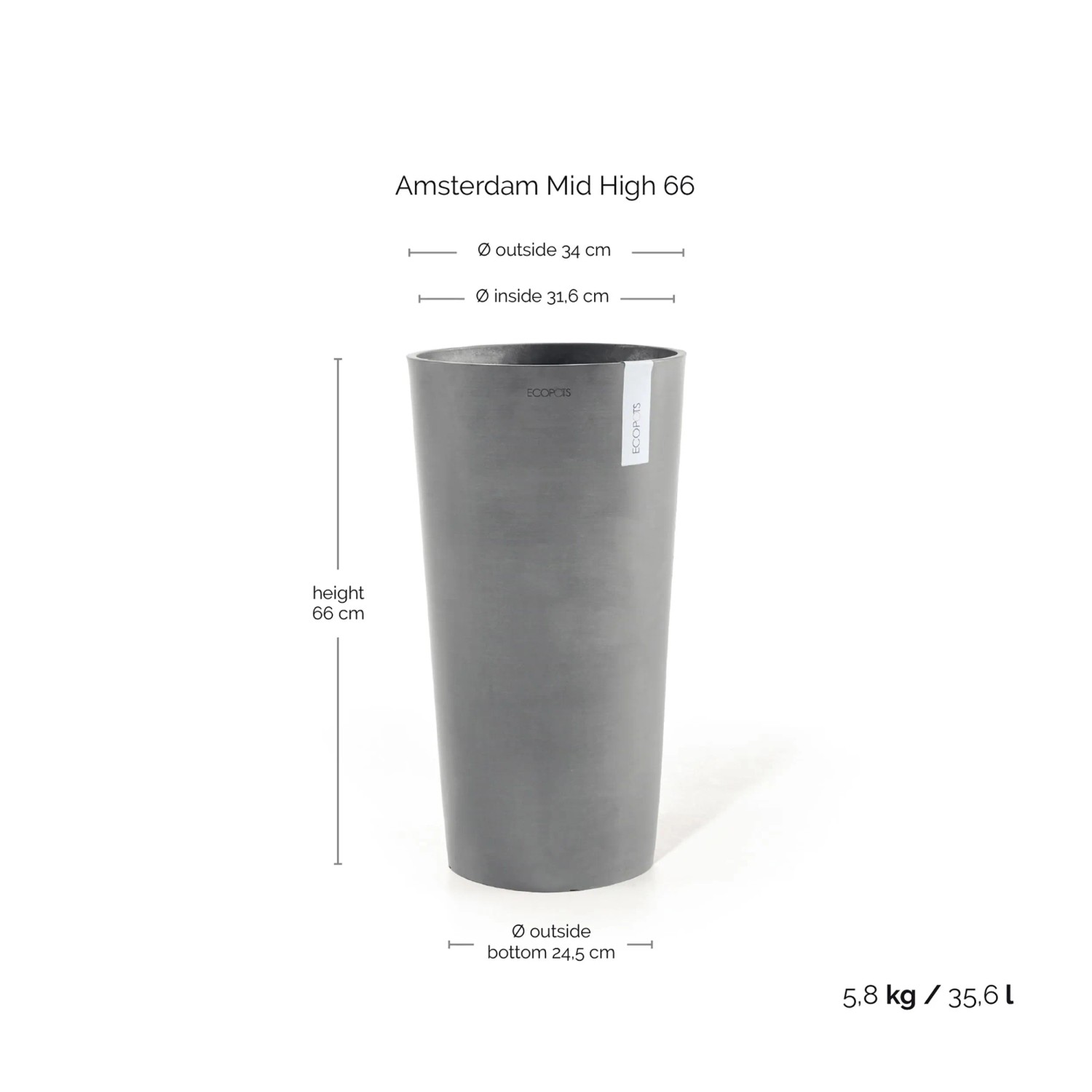 Ecopots Pflanztopf Amsterdam halbhoch, grau, 66cm hoch. Ideal für Innen- und Außenbereich.