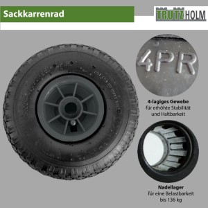 Graues TRUTZHOLM Sackkarrenrad 260x85mm mit zentrierter Nabe für Baumaschinen.