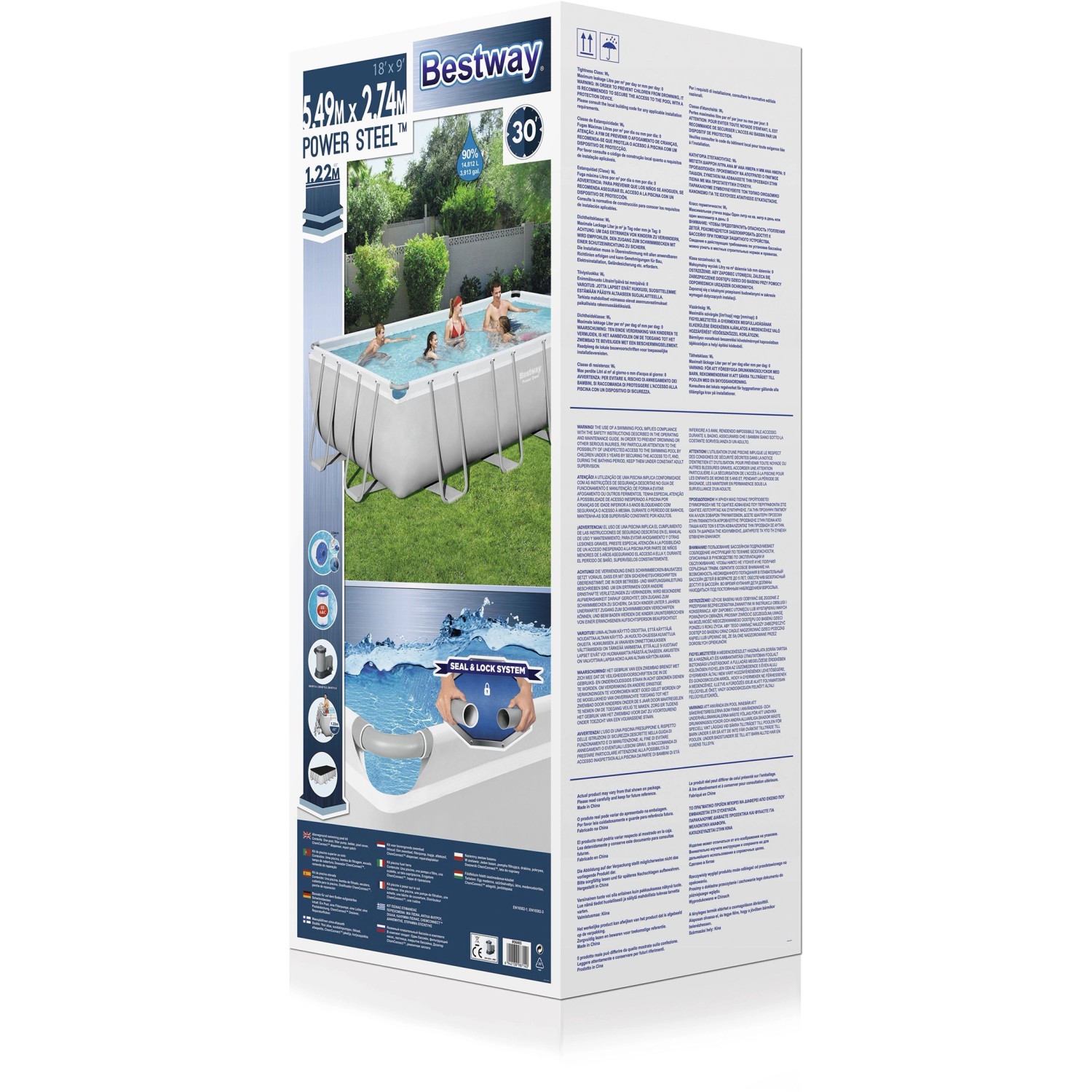 Verpackung des Bestway Stahlrahmenpool-Set Power Steel 549x274x122 cm mit Pool, Filterpumpe, Leiter und Abdeckplane.