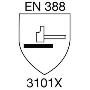 EN 388 Piktogramm für mechanischen Schutz von Arbeitshandschuhen, Code 3101X, mit Hammer-Symbol.