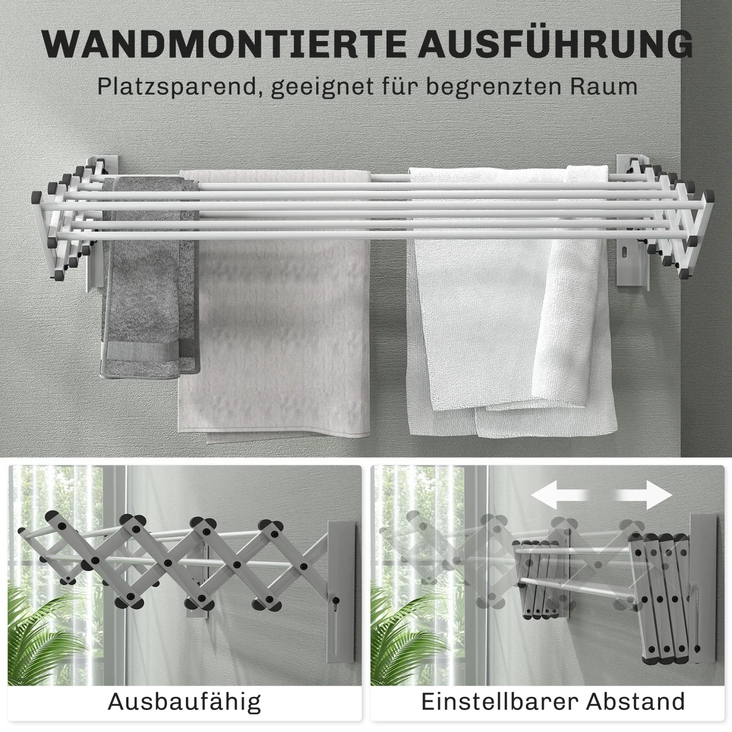HOMCOM Wand-Wäscheständer, ausziehbar, silberfarben, mit Handtüchern, für Badaccessoires.