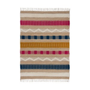 Mehrfarbiger Hochflorteppich Medina mit Streifenmuster, Fransen und Texturen in Beige, Pink, Blau, Gelb.