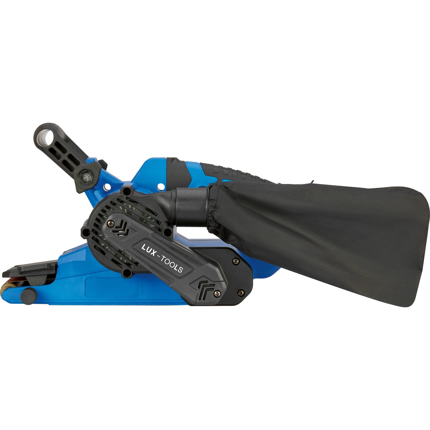 LUX Bandschleifer E-BAS-900: Blaue Schleifmaschine mit Staubfangsack für Holz- und Metallbearbeitung.