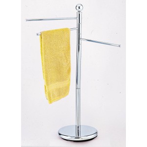 Verchromter Handtuchhalter mit 3 schwenkbaren Armen und gelbem Handtuch.
