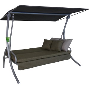 Olivegrüne 3-Sitzer Hollywoodschaukel mit Liegefunktion und wetterfestem Sonnendach.