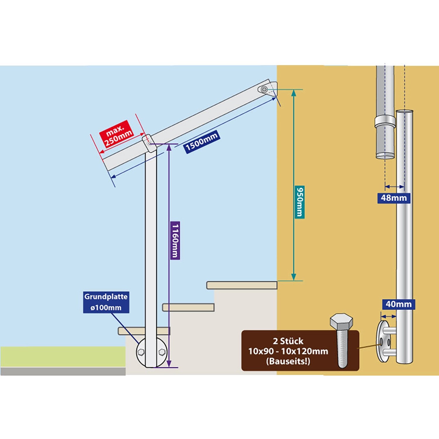 Technische Zeichnung: Treba Eingangsgeländer-Set GE3, seitliche Montage, 150 cm, Edelstahl. Maße und Details.