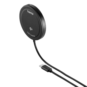Schwarzes Hama Qi2 Ladegerät (15W) mit USB-C Kabel für kabelloses, induktives Schnellladen.