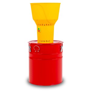 EBERTH Getreidemühle mit gelbem Trichter und rotem 52L Eimer für Zubehör für Geflügel.