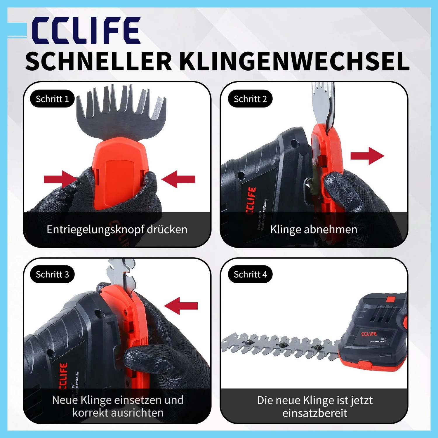 Anleitung zum schnellen Klingenwechsel der CCLIFE Akku Gras- und Heckenschere 2in1. Einfacher Austausch der Scherenaufsätze.
