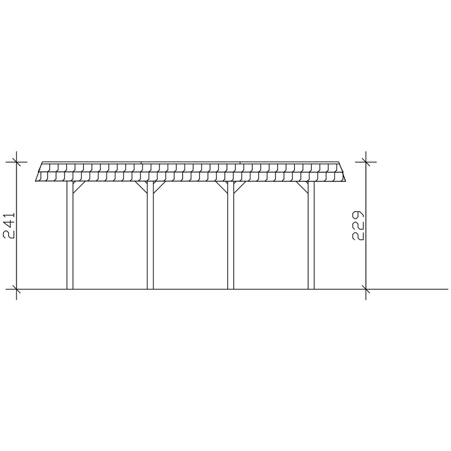 Technische Zeichnung: Skan Holz Einzelcarport Nussbaum, Maße 345x589 cm, Pfosten, Dach mit EPDM Dachbahn.