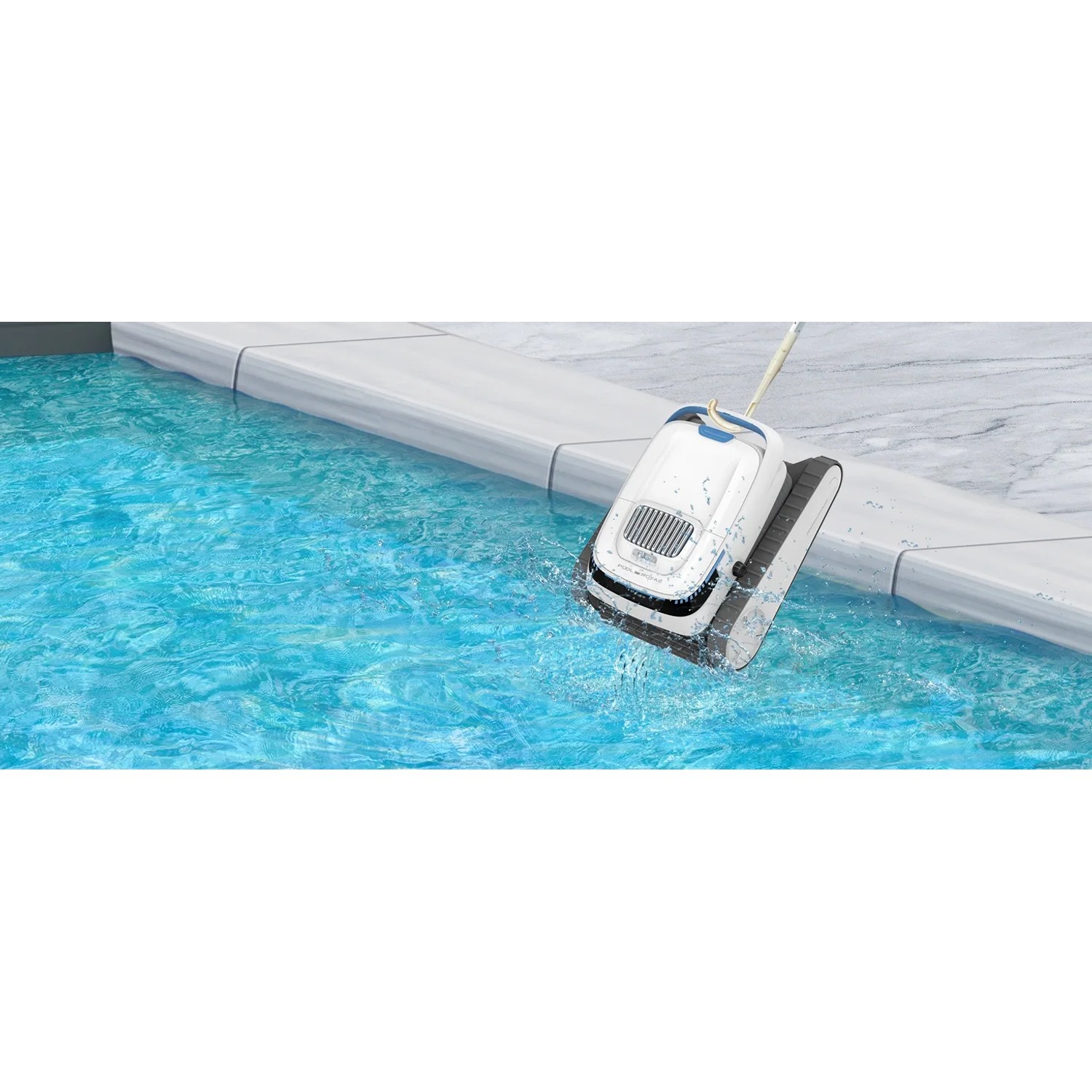 Weißer Pool Royal Akku-Poolroboter im Einsatz, reinigt Pool. Poolsauger für sauberes Wasser.