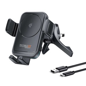 Technaxx KFZ-Ladehalterung TX-322 mit Qi-Ladefläche und USB-Kabel für Autoelektrik.