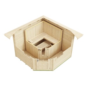 Weka Saunahaus Kurikka, Außenmaß 380x380 cm, Sparset mit 9 kW Ofen, naturbelassenes Holz, Innenansicht.