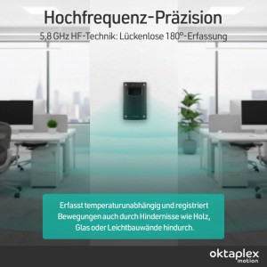Schwarzer Oktaplex Pit 5,8 GHz HF Bewegungsmelder zur Wandmontage im Büro.