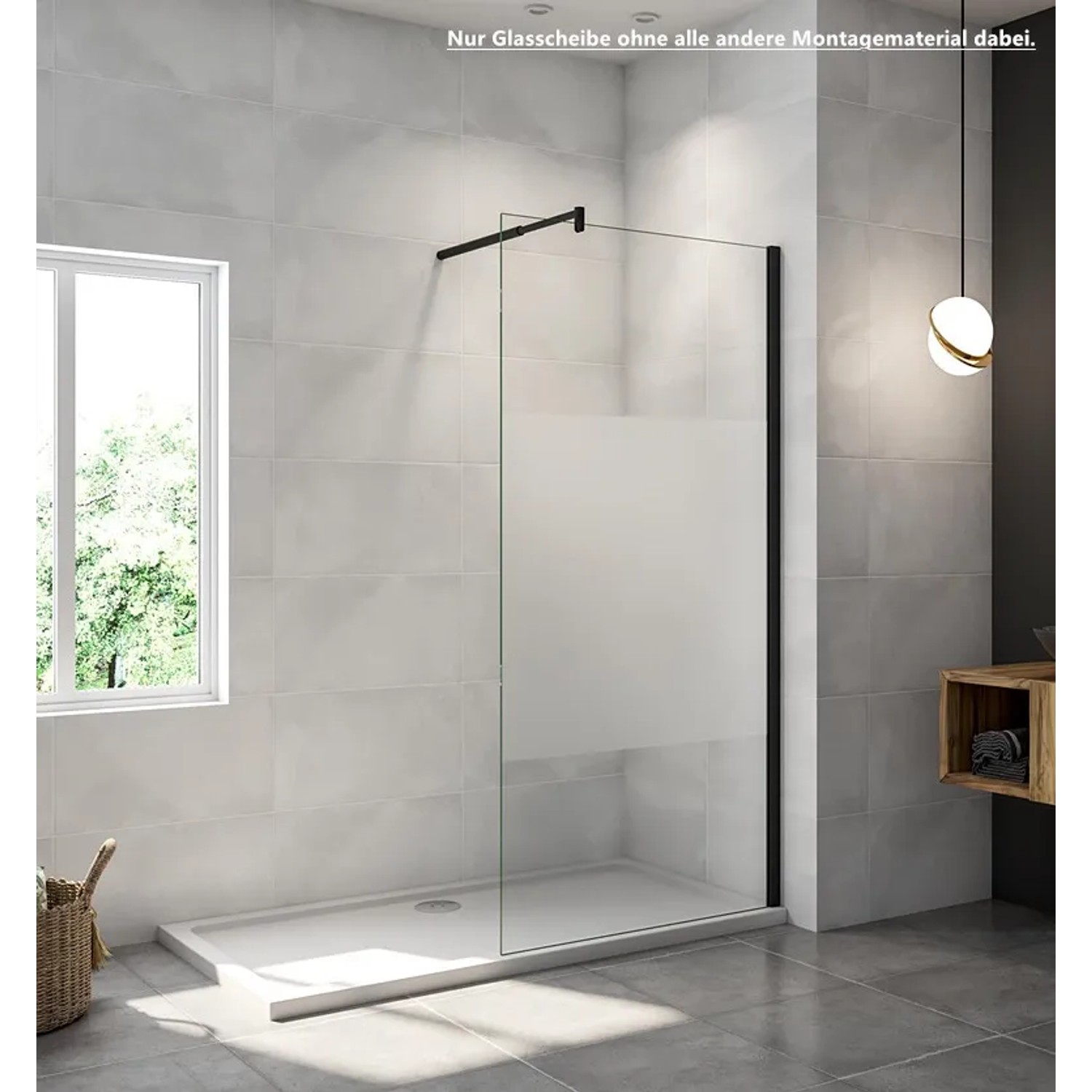 Walk-in Duschwand aus 8mm Glas mit Milchglasstreifen, 82.7x200cm. Modernes Design für barrierefreie Duschen.