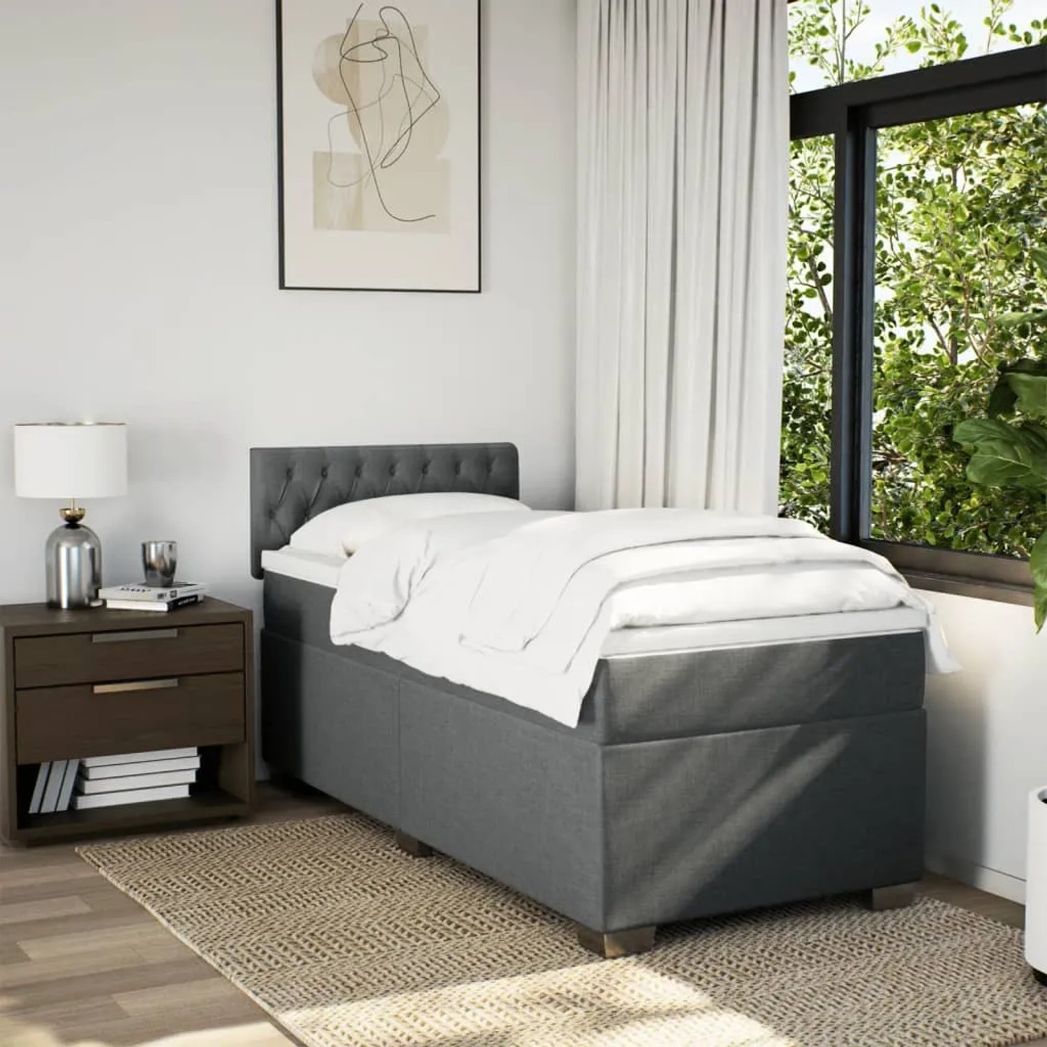 Dunkelgraues vidaXL Boxspringbett (80x200 cm) mit Matratze und Kopfteil im Schlafzimmer.