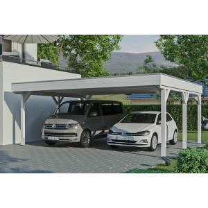 Weißer Skan Holz Carport Grunewald mit zwei geparkten Autos unter dem Aluminiumdach.