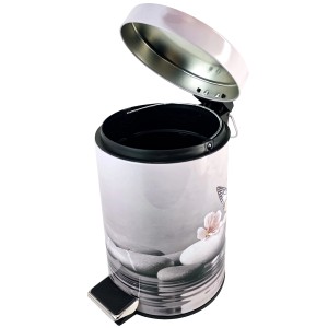 SANILO Kosmetikeimer Vanesa mit Stein- und Blütenmotiv, Deckel geöffnet.