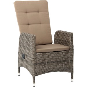 Acamp Armsessel Ciro, Teil des Gartenmöbel-Sets, mit braunen Polstern und verstellbarer Rückenlehne.
