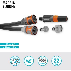Gardena Liano Life 25m Gartenschlauch Set mit Spritze und Verbindern.