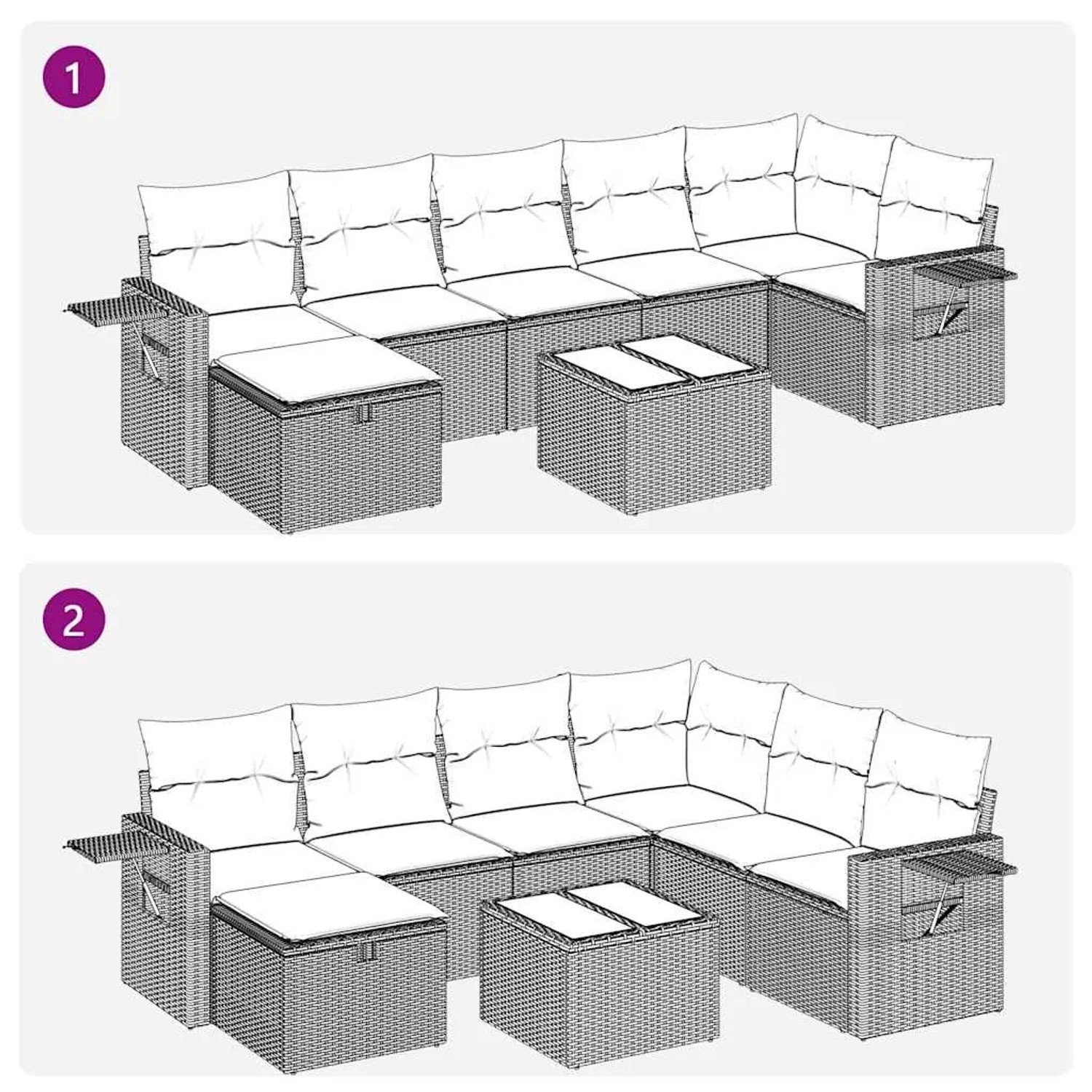 vidaXL 8-tlg. Garten-Sofagarnitur hellgrau Poly Rattan mit Kissen, zwei Aufbauvarianten.