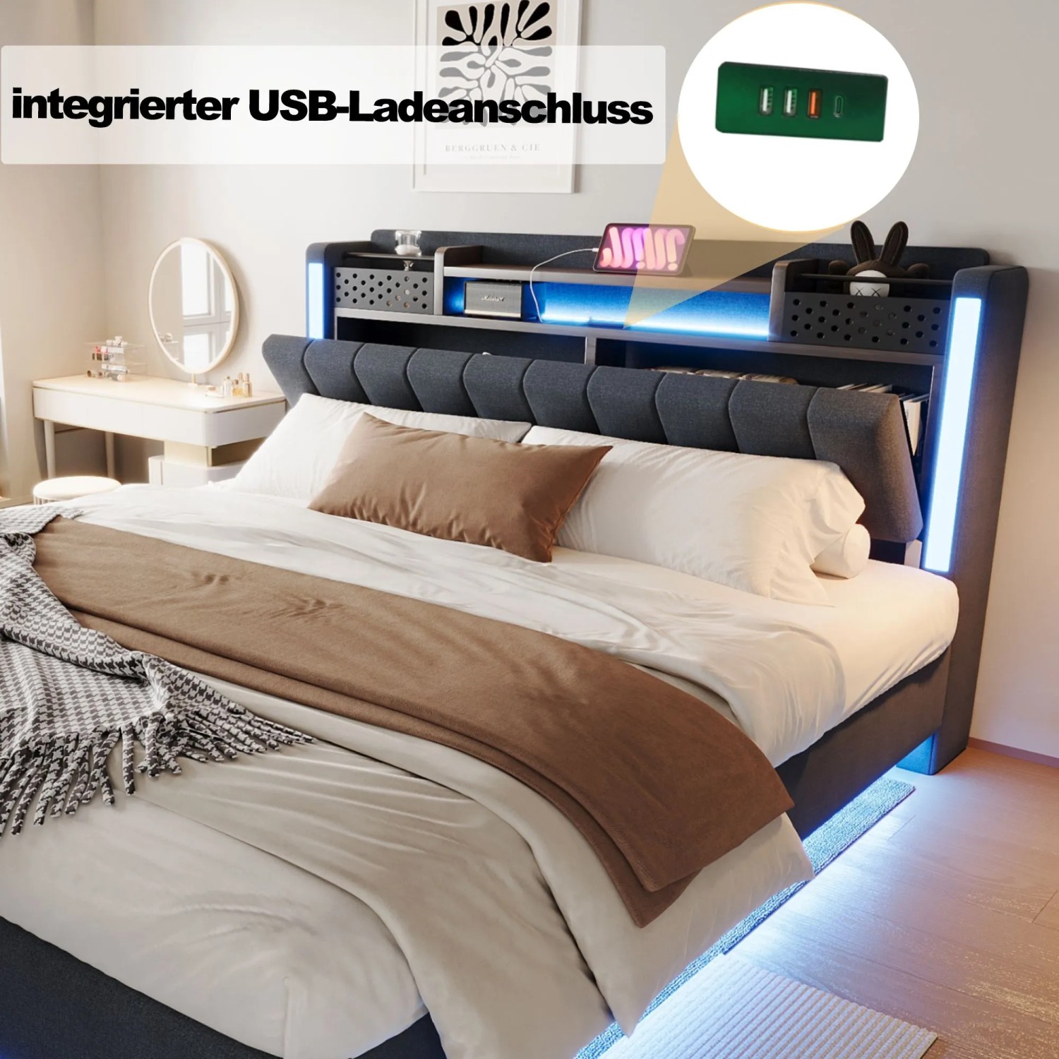 Graues Polsterbett 160x200 mit LED, USB und Stauraum im Kopfteil (ohne Matratze).