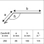 Skizze Rinneneinhang Zuschnitt Alu 250x1000 mm mit Maßen a, b und Winkel Beta.