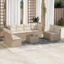 Beige 9-tlg. Garten-Sofagarnitur aus Poly Rattan mit Kissen. Gartenmöbel-Set mit Tisch und modularen Sofas.