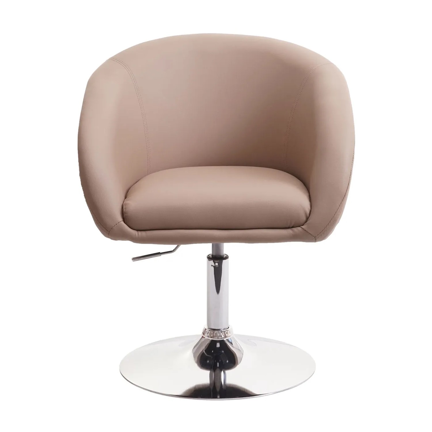Moderner MCW Esszimmerstuhl F19 in Taupe mit Kunstlederbezug und verchromtem Fuß.
