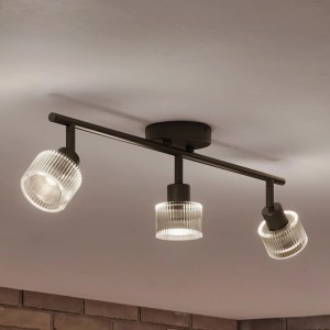 Schwarzer Philips Horen 3-flammiger LED-Spot mit strukturiertem Glas, an Decke montiert. Köpfe verstellbar für gezieltes Licht.