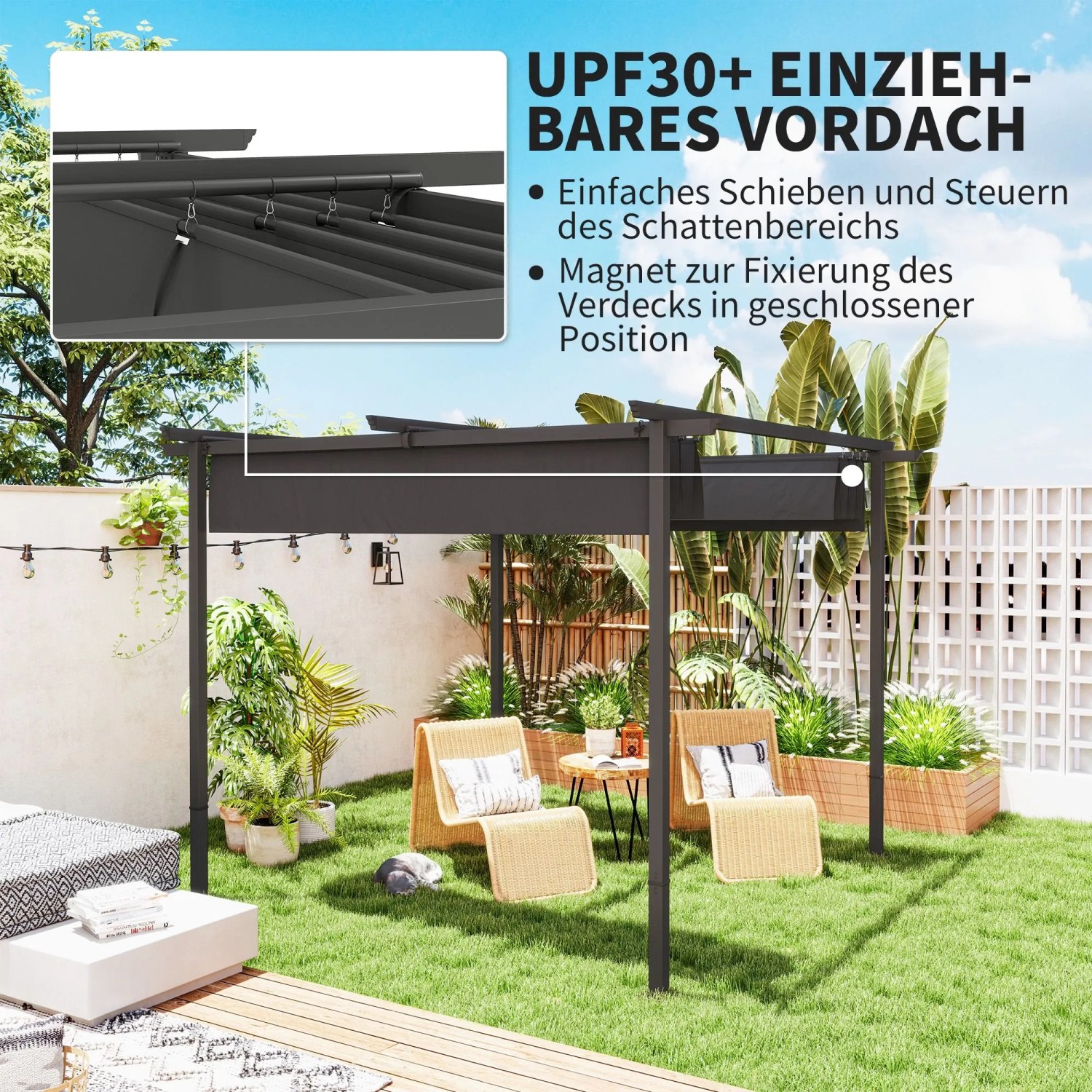 Dunkelgraue Furnicato Gartenpergola 3x3m mit verstellbarem Dach im Garten.