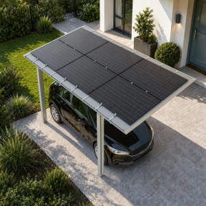 Modernes Ximax Solarcarport Linea Typ 80 mit schwarzen Solarmodulen über schwarzem Auto vor Haus. Edelstahl-Look.
