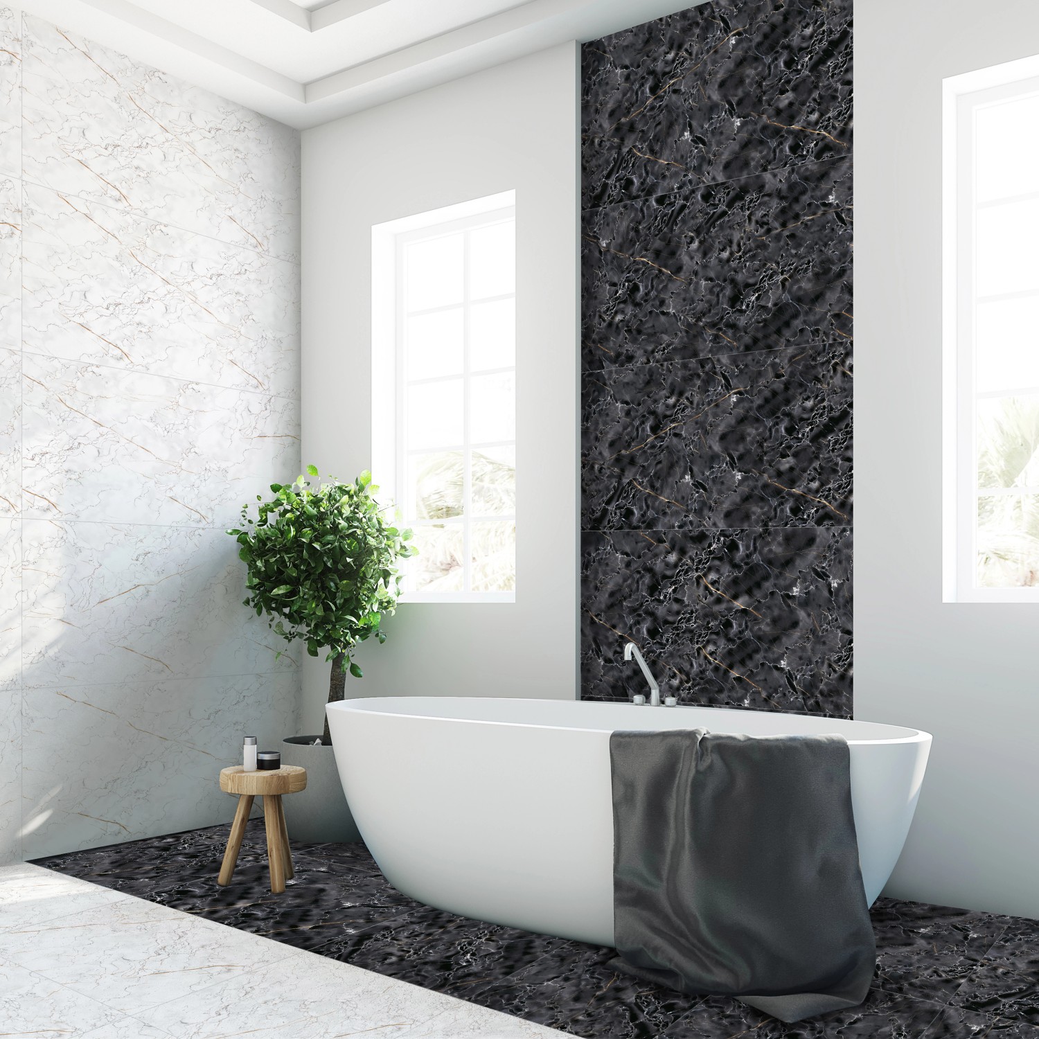Badezimmer mit grauer Marmor Optik Bodenfliese Wave Feinsteinzeug 60x60.