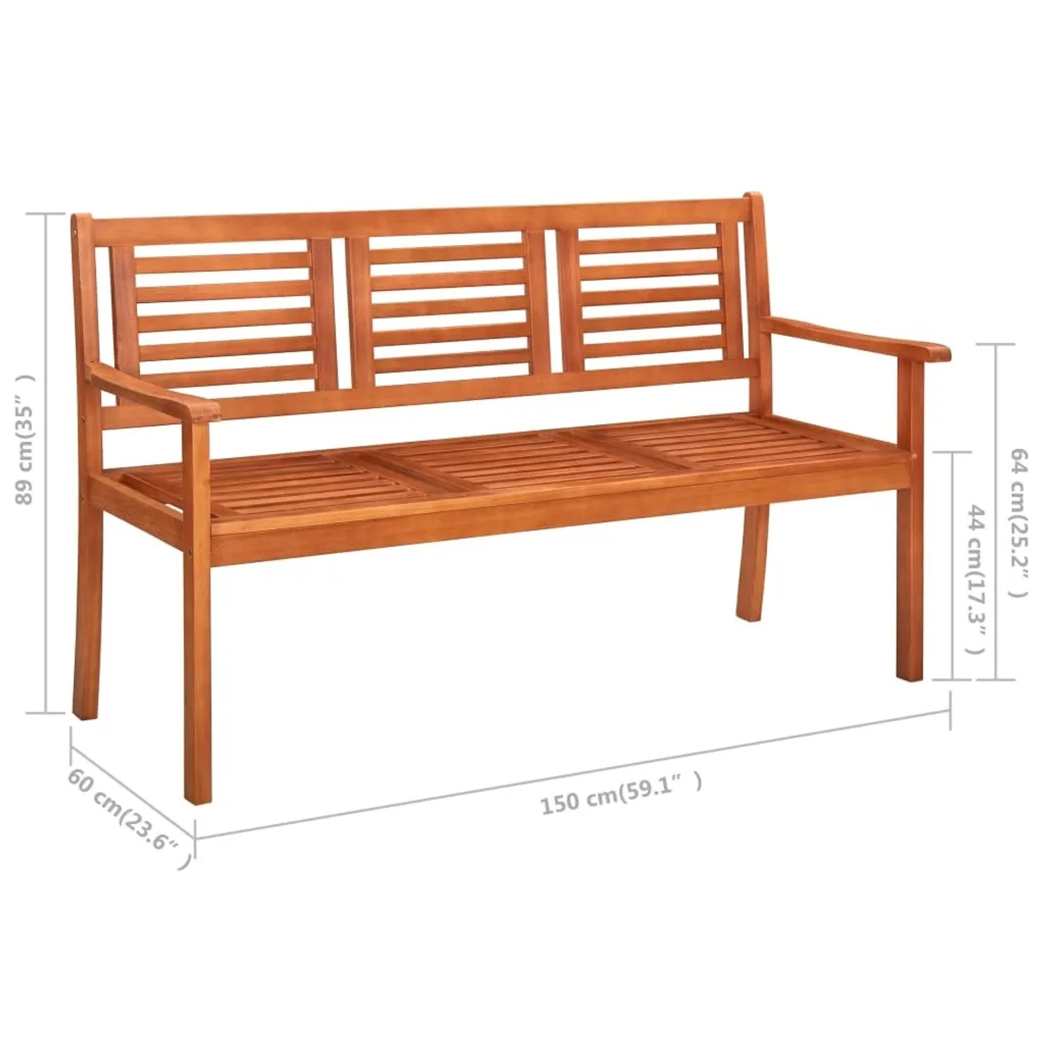VidaXL 3-Sitzer Gartenbank aus Eukalyptusholz mit schwarzer Auflage, 150 cm breit.