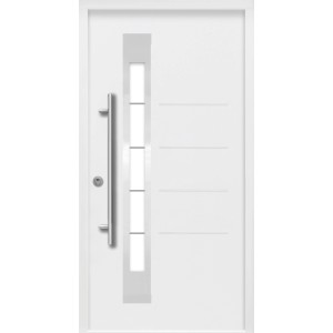 Weiße Splendoor Sicherheits-Haustür Berlin Prime RC2 mit Edelstahlgriff und Glaseinsatz.