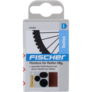 Fischer Flickbox Reifen 5-teilig: Set mit Flicken, Vulkanisierlösung und Schleifpapier zur Reifenreparatur.