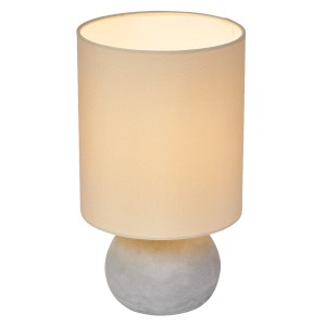 Dimmbare Ledvance Design-Tischlampe Decor Impact, beige-grau, 38 cm hoch, mit Betonfuß und Textilschirm.