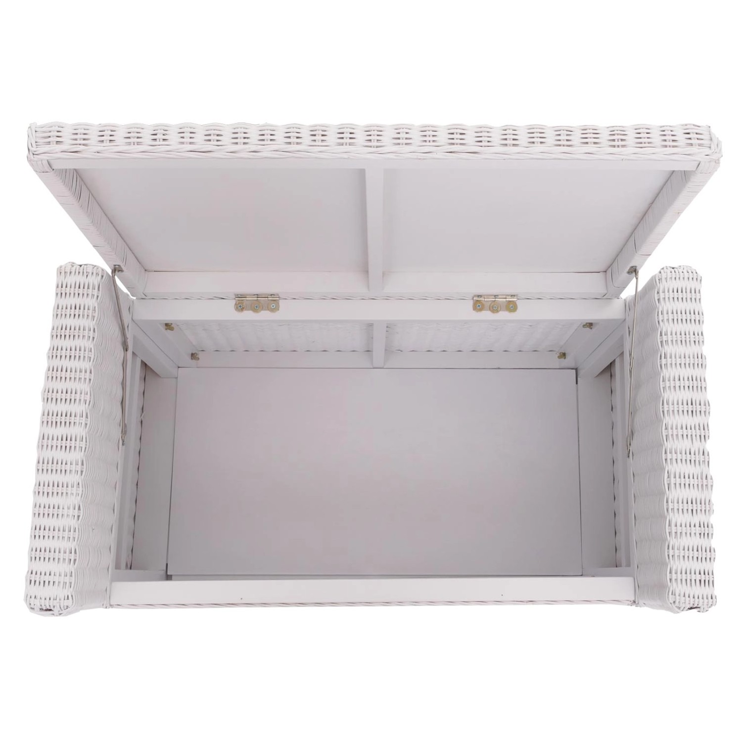 Geöffnete weiße MCW Sitzbank Genua aus Rattan mit Staufach. Garderobenbank mit Stauraum.