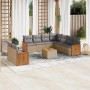 Beige 10-tlg. Garten-Sofagarnitur aus Rattan mit grauen Kissen und Akazientisch für Terrasse und Garten.