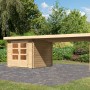 Unbehandeltes Karibu Holz-Gartenhaus Ängelholm mit Pultdach und Anbau im Garten.