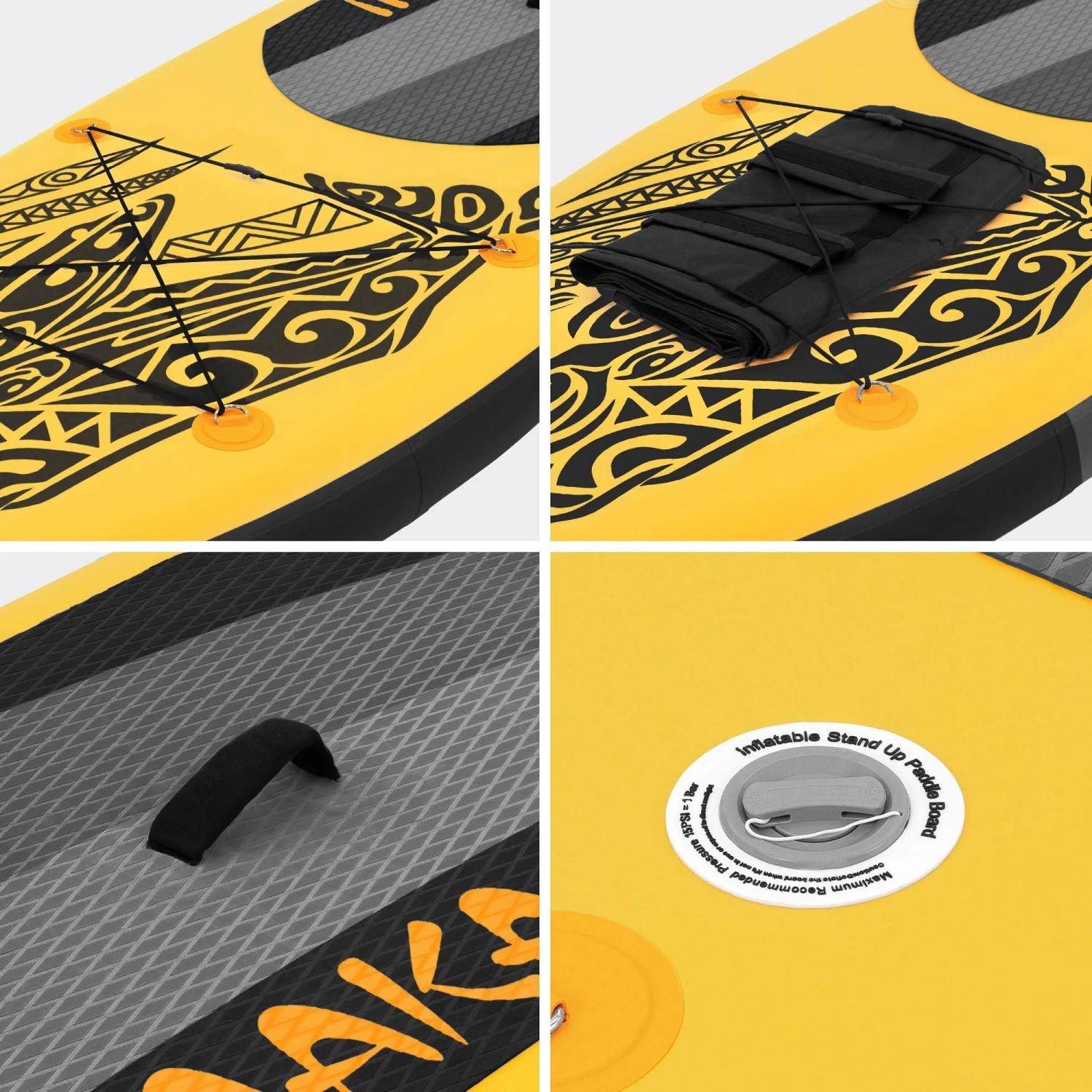 Detailansicht des gelben ECD Germany Stand Up Paddle Boards (SUP) mit Zubehör und Tragegriff.