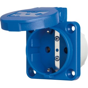 Blaue Anbausteckdose mit Klappdeckel, 2-polig, 16A, für die Wandmontage.