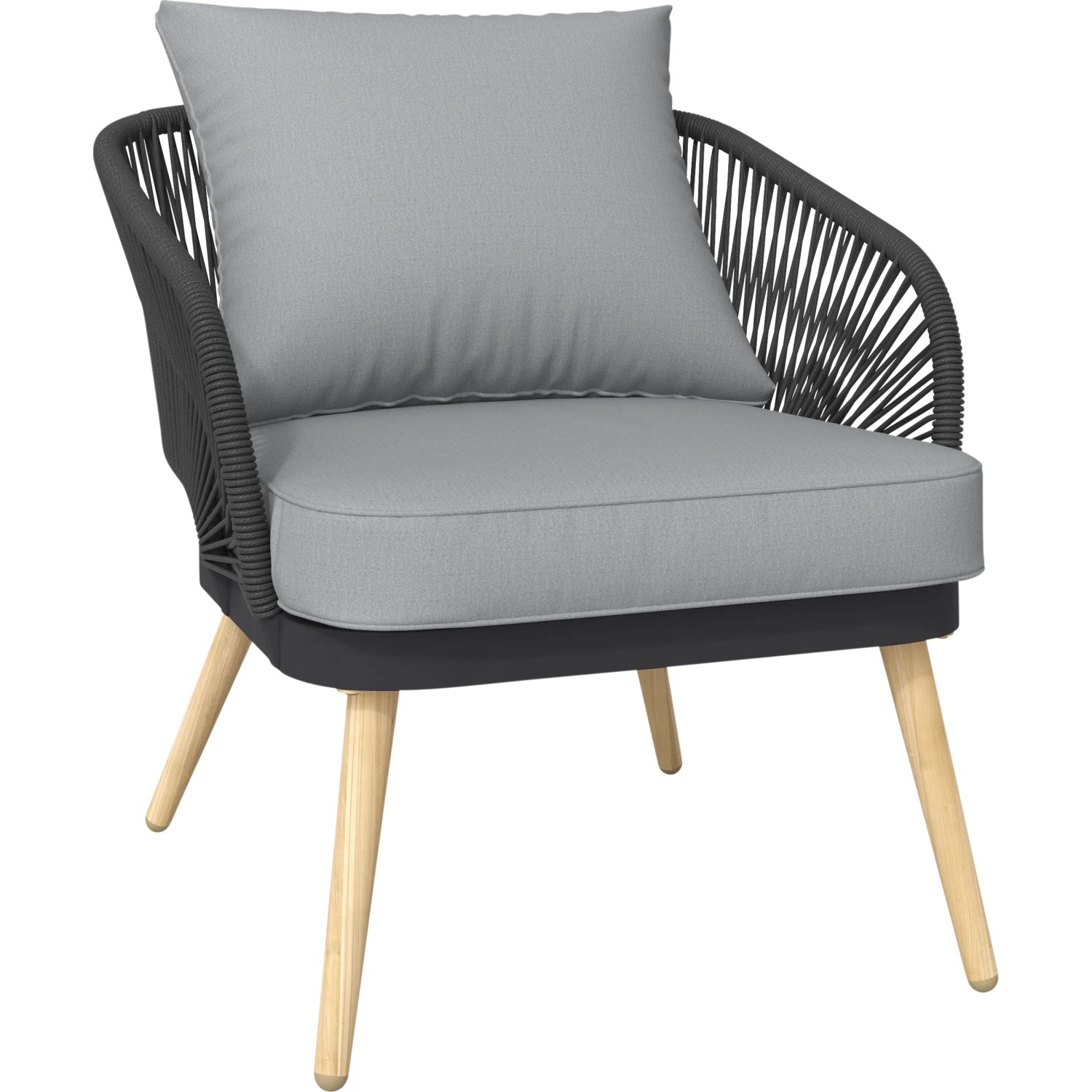Sessel des Lounge-Sets Edna: Anthrazitfarbenes Stahlgestell mit Seilbespannung und beigen Auflagen.