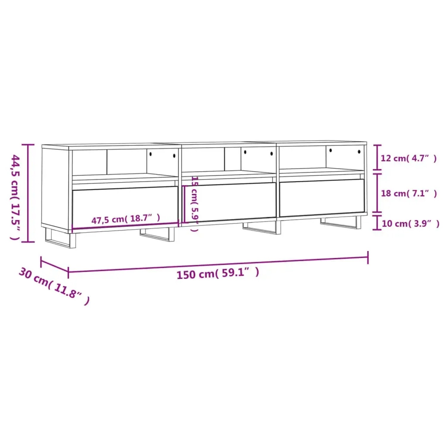 VidaXL TV-Schrank Grau Sonoma, 150 cm breit, Holzwerkstoff mit Fächern und Eisenbeinen.