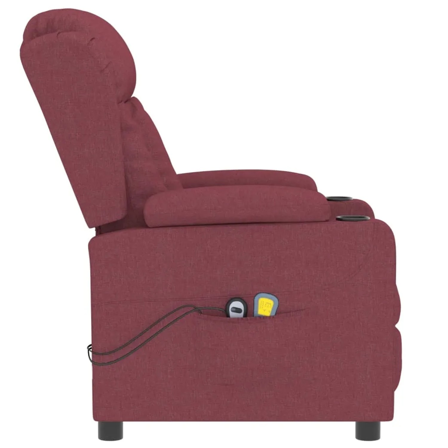 Elektrischer Massagesessel, weinrot, Stoff, mit Getränkehaltern für entspannte Stunden.