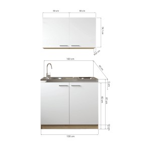 Respekta Küchenmöbel-Set Merle 100 cm Grau mit Spüle und Glaskeramikkochfeld, Maße eingezeichnet.