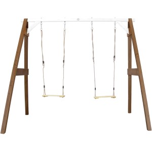 Axi Doppelschaukel aus Holz in Braun und Weiß mit zwei Schaukelsitzen.