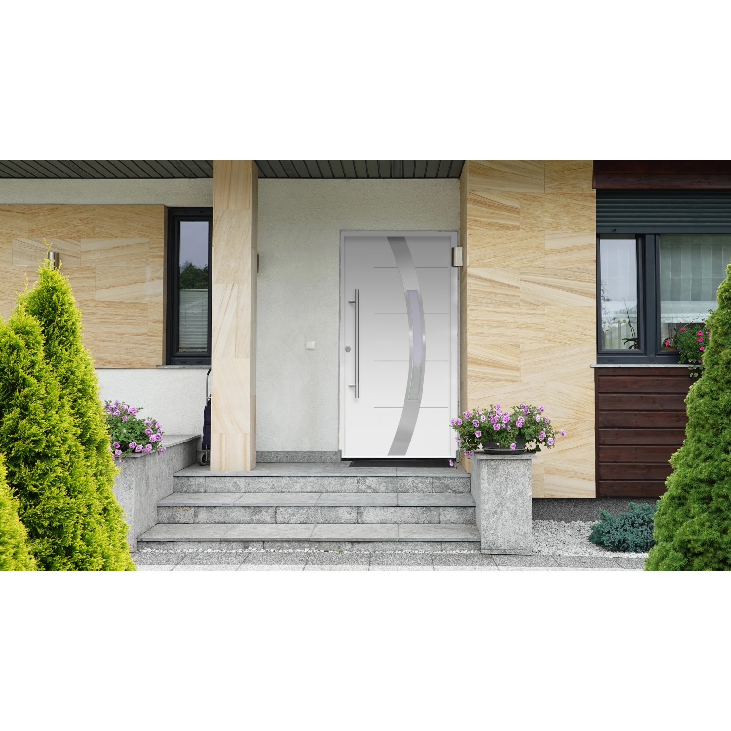 Weiße Sicherheits-Haustür ThermoSpace Prime Prag RC2, 110x210 cm, mit Edelstahlgriff und Glaseinsatz.