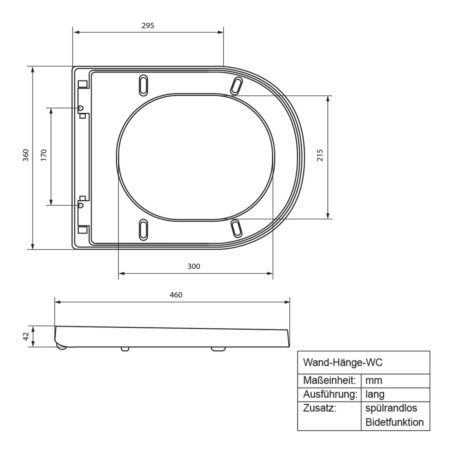 Technische Zeichnung: ECD Germany Hänge WC mit Bidet, spülrandlos, lange Ausführung, Maße in mm.