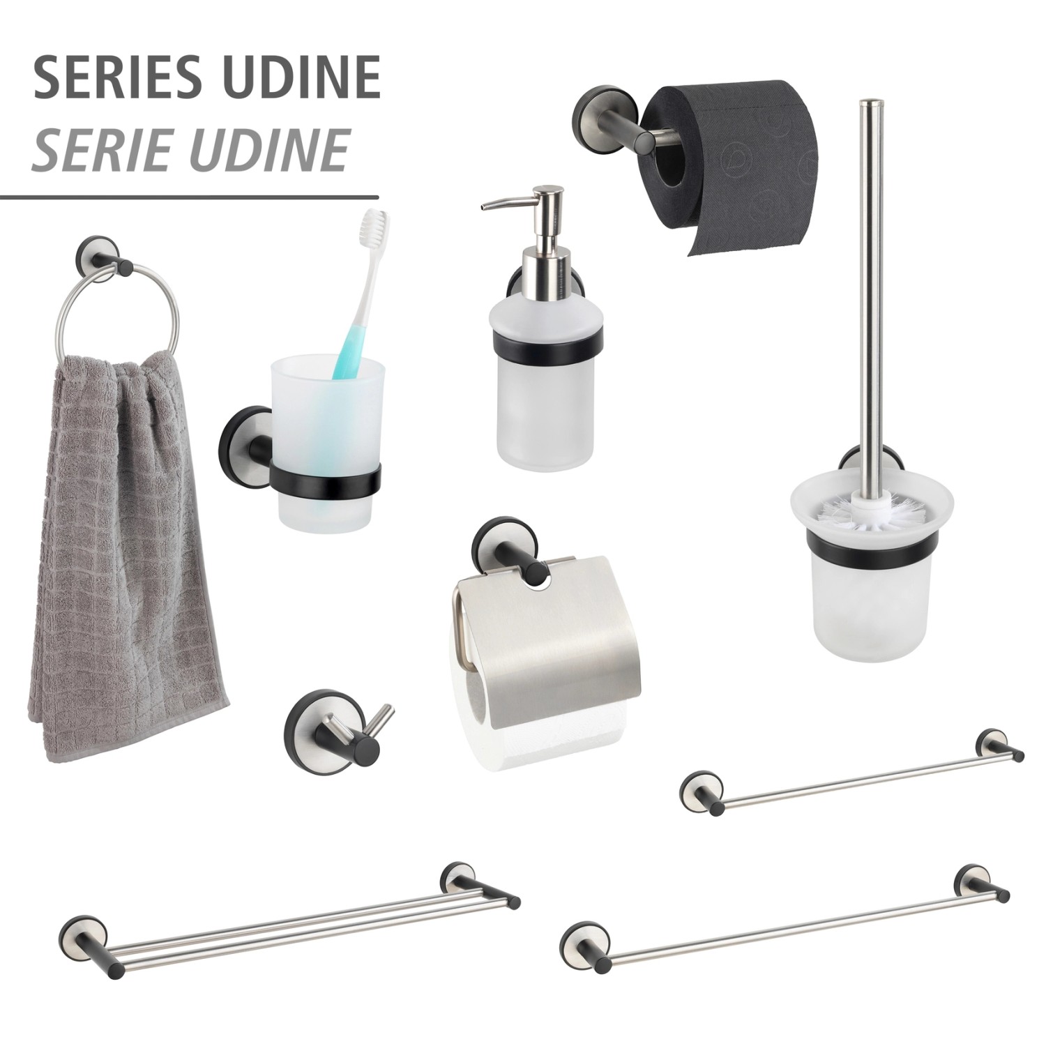 Wenko Bad-Serie Udine: Handtuchstange, Halter, Seifenspender, WC-Garnitur, Papierhalter, Haken in Silber Matt und Schwarz.